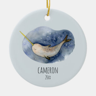 Décoration En Céramique Blue Narwhal Modern Watercolor Ocean Personalized