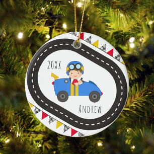 Décoration En Céramique Blue Racing Voiture Boy Christmas Ornament