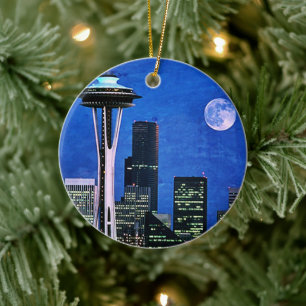 Décoration En Céramique Blue Seattle Skyline Joyeux Noël