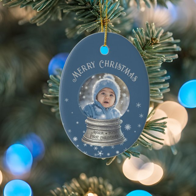 Décoration En Céramique Blue Snowglobe Snowflop Photo (blue snowglobe  snowflake ornament)