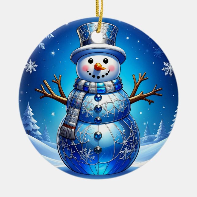 Décoration En Céramique Blue Snowman Snowflakes Holiday Ornament (Devant)