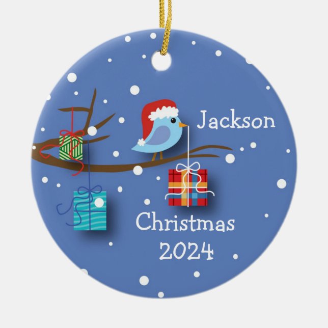 Décoration En Céramique Bluebird de Noël personnalisé avec cadeaux (Devant)