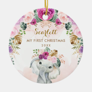 Décoration En Céramique Boho Floral Elephant Girl Baby 1er Noël