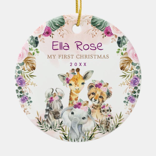 Décoration En Céramique Boho Jungle Safari Animaux sauvages Baby 1er Noël (Devant)