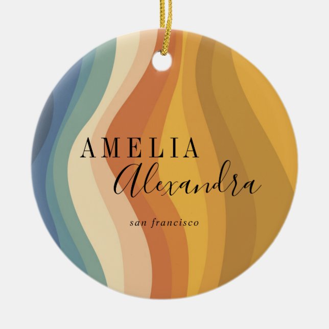 Décoration En Céramique Boho Retro Script Abstrait Wavy Lines Jaune Bleu (Devant)