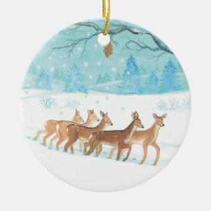 Décoration En Céramique Bois de chevreuils et d'hiver recouvert de neige f