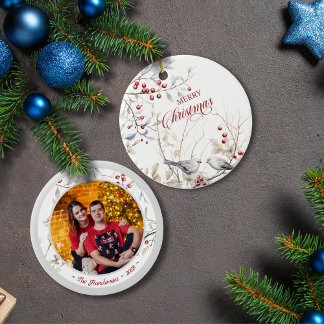 Décoration En Céramique Bois rouge d'hiver avec photo Noël