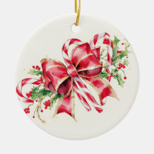 Décoration En Céramique Bonbon à l'aquarelle Canne Rouge Ruban de houx