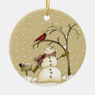 Décoration En Céramique Bonhomme de neige fantaisiste et oiseau rouge Noël