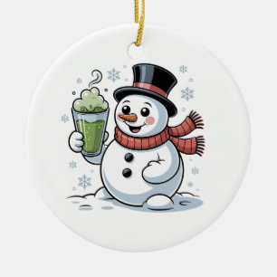 Décoration En Céramique Bonhomme de neige tenant une boisson au matcha Noë