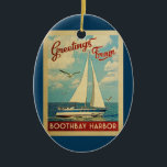Décoration En Céramique Boothbay Harbour Vintage voyage bateau à voile Mai<br><div class="desc">Ce voeu de Boothbay Harbor Maine design de voyage nautique vintage comprend un bateau naviguant sur l'eau avec des mouettes et un ciel bleu rempli de somptueux nuages blancs bouffants.</div>