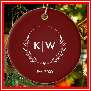 Décoration En Céramique Bordeaux et Blanc Monogramme Initiales Modernes