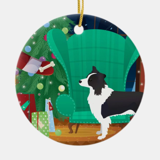 Décoration En Céramique Bordure Collie Noël Père Noël cadeau (Devant)