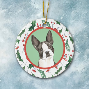 Décoration En Céramique Boston Terrier Chien Red Berry Holly frontière