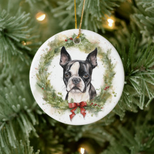 Décoration En Céramique Boston Terrier Noël Wreath Festive Pup