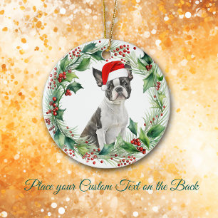 Décoration En Céramique Boston Terrier Puppy Holly Wreath Noël