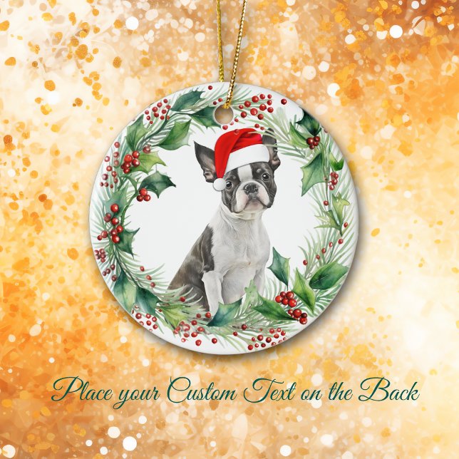 Décoration En Céramique Boston Terrier Puppy Holly Wreath Noël (Créateur téléchargé)