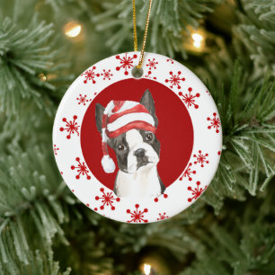 Décoration En Céramique Boston Terrier Santa Hat Red Snowflake
