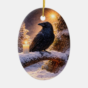 Décoration En Céramique Bougie Beau Corbeau dans la Neige Yule Solstice