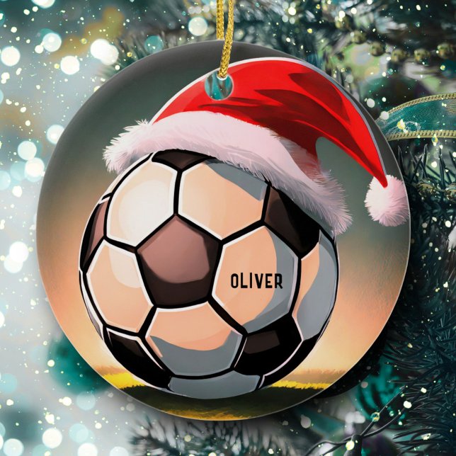Décoration En Céramique Boule de football avec chapeau rouge Père Noël (Créateur téléchargé)
