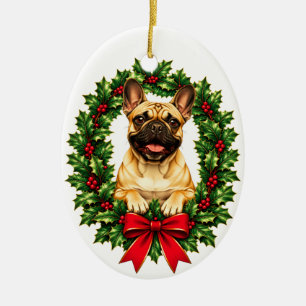 Décoration En Céramique Bouledogue français avec houx et baies rouges