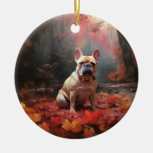 Décoration En Céramique Bouledogue français dans les feuilles d'automne qu
