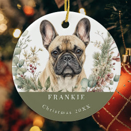 Décoration En Céramique Bouledogue français fauve de Noël à l'aquarelle