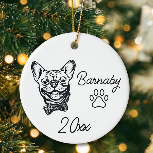 Décoration En Céramique Bouledogue français ligne artistique personnalisée (French BullDog Custom Name and Year Ornament with Paw Print. Black and White Line Art Modern)