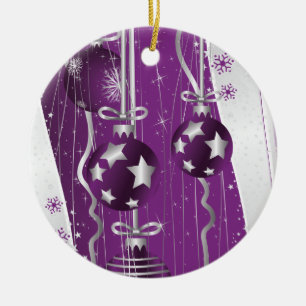 Décoration En Céramique Boules de Noël violettes et grises étoiles et floc