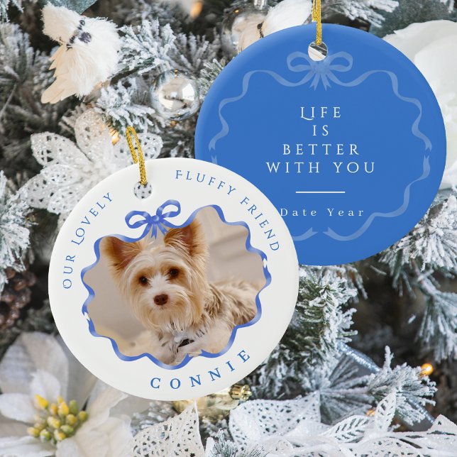 Décoration En Céramique Bow Ruban Pet Mémoire Photo Bleu (Bow Ribbon Pet Memory Photo Blue Ceramic Ornament)