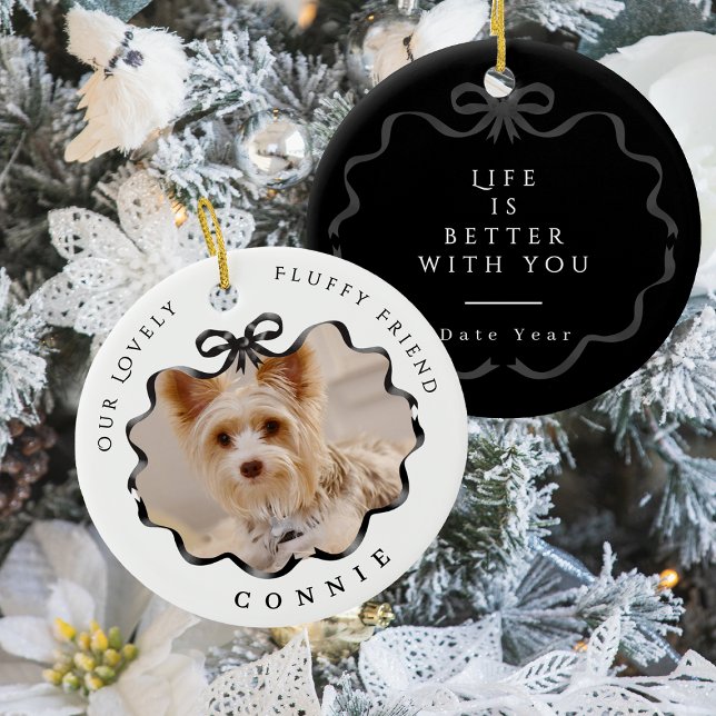 Décoration En Céramique Bow Ruban Pet Memory Photo Noir (Bow Ribbon Pet Memory Photo Black Ceramic Ornament)