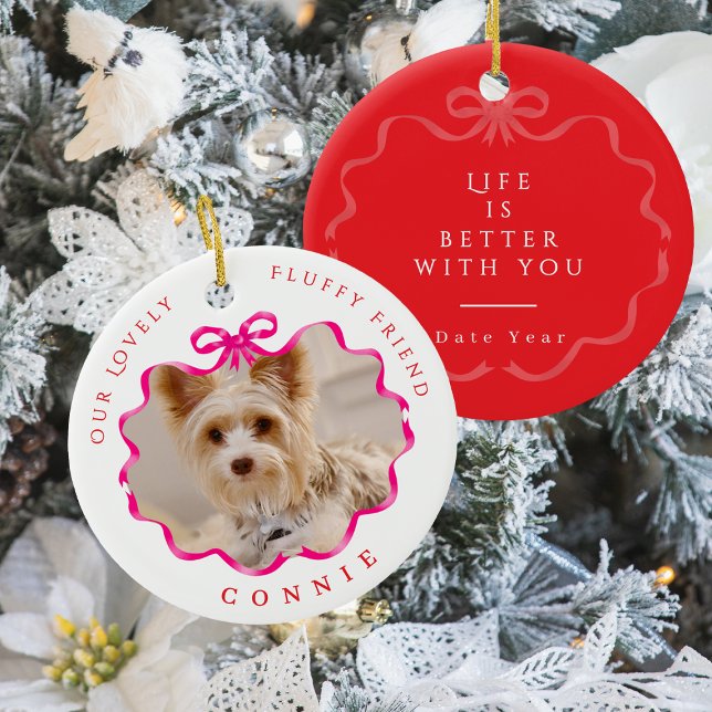 Décoration En Céramique Bow Ruban Pet Photo Rouge (Bow Ribbon Pet Memory Photo Red Ceramic Ornament)