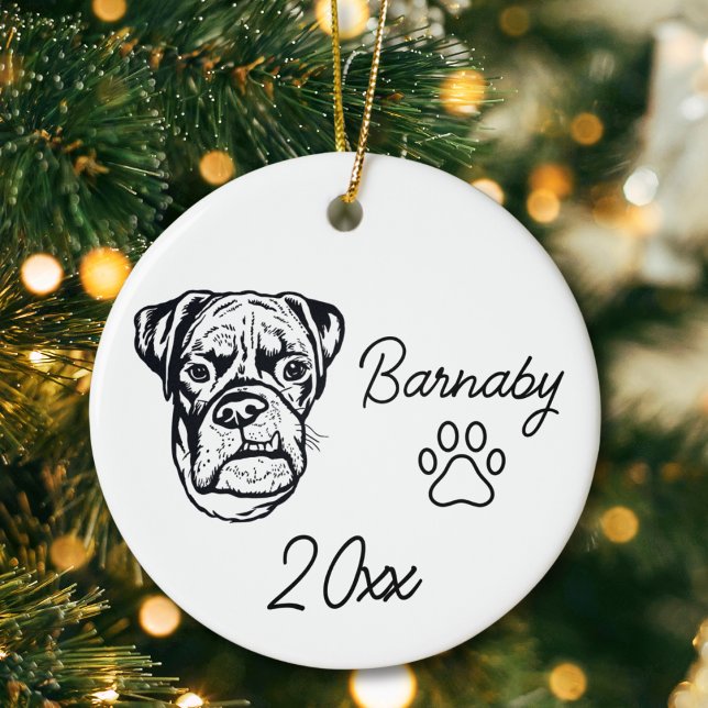 Décoration En Céramique Boxer Personnalisé Nom & Année Ligne Artistique (Boxer Dog Custom Name and Year Ornament with Paw Print. Black and White Line Art Modern)