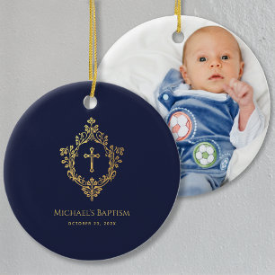 Décoration En Céramique Boy Baptism Crest Marine Bleu Elégant Faux Gold Fo