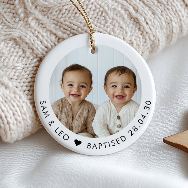 Décoration En Céramique Boy Twins Baptism Photo Keepsake (Zazzle Boy Twins Baptism Photo Keepsake Ceramic Ornament)