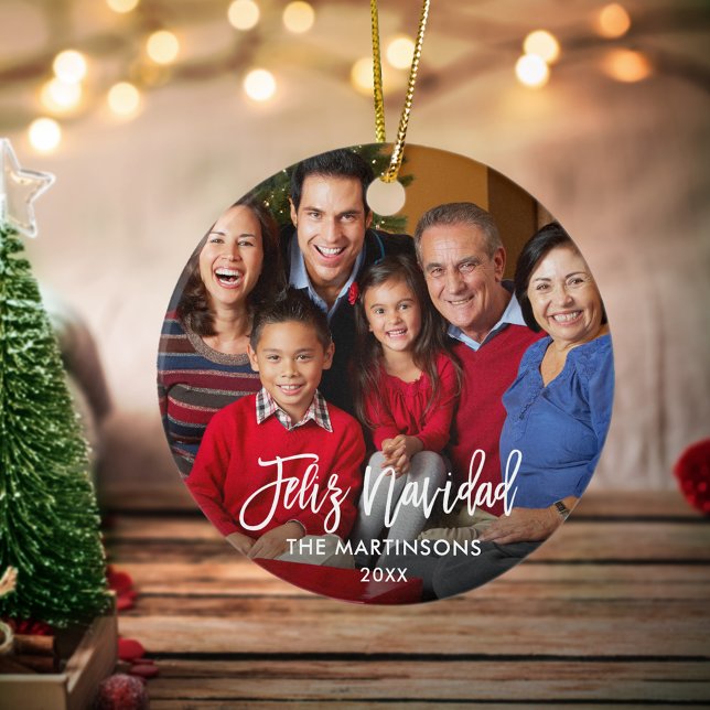Décoration En Céramique Bracelet Script Feliz Navidad Photo Rouge Retour (Customize with your photo, name and year.)