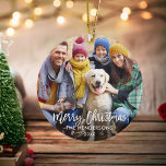 Décoration En Céramique Bracelet Script Joyeux Noël Photo Rouge Retour<br><div class="desc">Script de pinceau moderne Joyeux ornement photo de famille de Noël - Red Snowflakes retour</div>