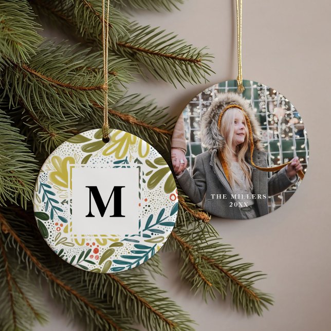 Décoration En Céramique Brève | Photo sur mesure de la botanique (Watercolor botanical bramble family monogram photo ornament)