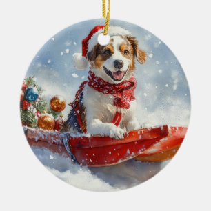 Décoration En Céramique Brittany Spaniel Chien en Traîneau Noël