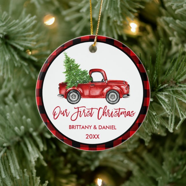 Décoration En Céramique Brosse Script Camion First Christmas Red Plaid (Arbre)