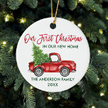 Décoration En Céramique Brosse Script Premier Noël Nouveau Camion<br><div class="desc">Script de brosse moderne Notre premier Noël dans notre nouvel ornement comprend l'aquarelle Vintage Camion rouge avec arbre de Noël</div>