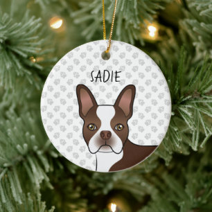 Décoration En Céramique Brown Boston Terrier Cartoon Dog Head & Dog's Name