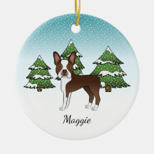 Décoration En Céramique Brown Boston Terrier Dans Une Forêt D'Hiver Et Nom