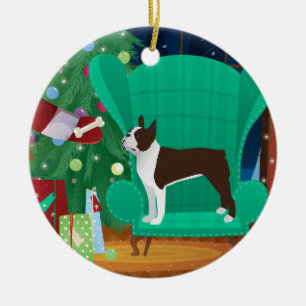 Décoration En Céramique Brown Boston Terrier et Père Noël Cadeau