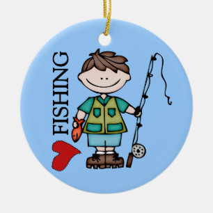 Décoration En Céramique Brown Hair Boy I Love Fishing Orament