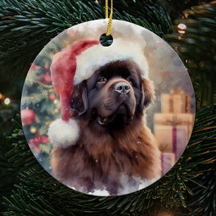 Décoration En Céramique Brown Newfoundland Chien Santa Hat Noël
