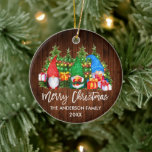 Décoration En Céramique Brush Script Noël Lumières Bois Gnomes<br><div class="desc">Brush Script Merry Christmas Colorful Fun Watercolor Gnomes Ornament with Pine Trees and String Lights. Rustic Country Wood.</div>