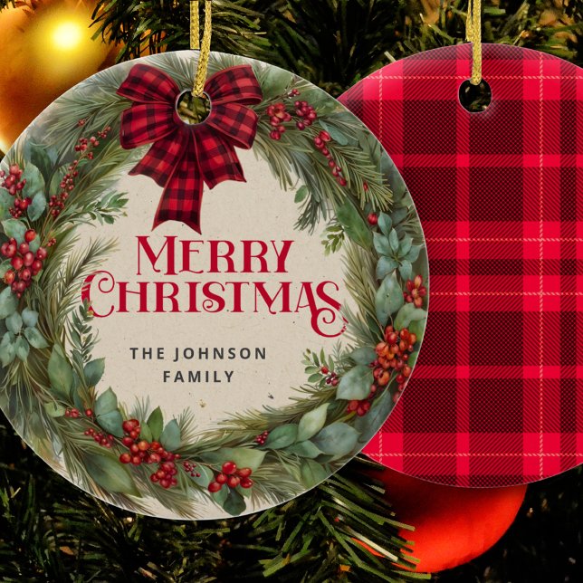 Décoration En Céramique Buffalo Plaid Farmhouse Christmas Wreath Holly (Créateur téléchargé)