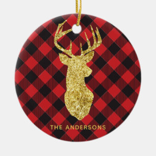 Décoration En Céramique Buffalo Plaid Gold Deer Monogramme Noël