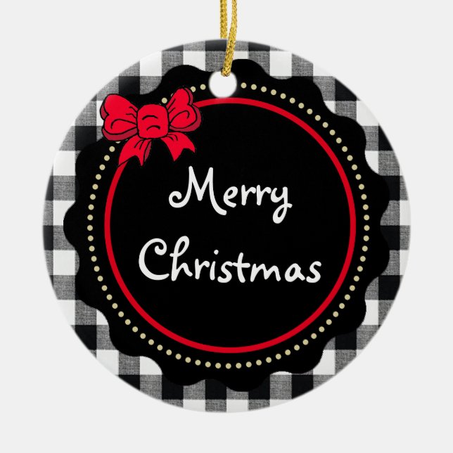 Décoration En Céramique Buffalo Plaid Joyeux Noël noir et blanc (Devant)